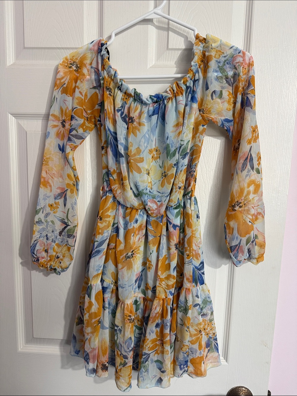 Forever 21 Yellow & Blue Floral Off-Shoulder Tiered Dress
